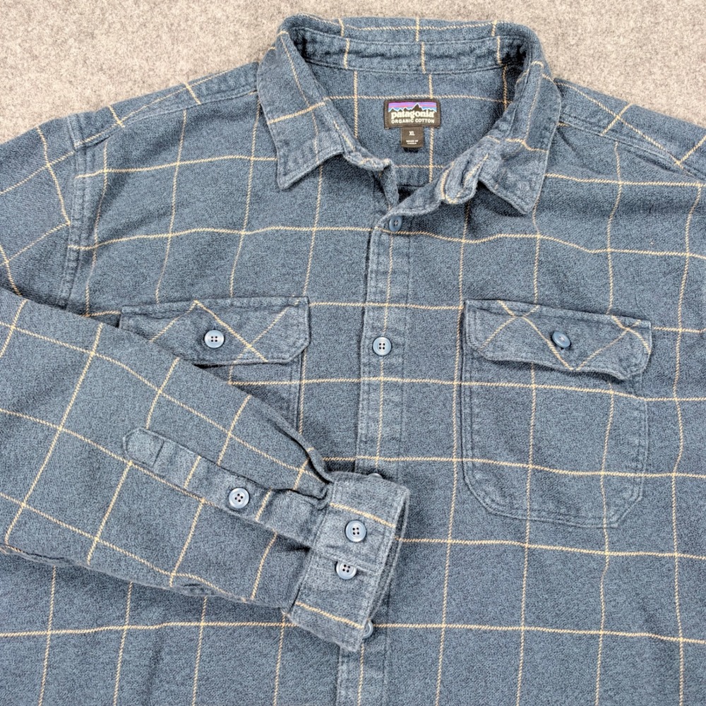 Patagonia Organic Cotton Flannel Shirt XL Blue Tan Windowpane Plaid Button Down